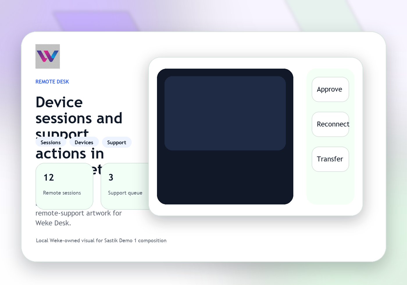 Weke Desk support console with remote session preview and device actions.